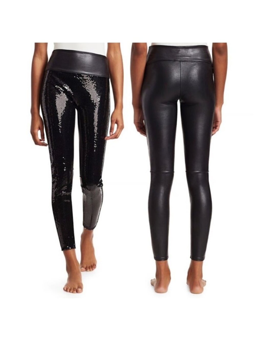 Spanx Faux Leather Sequin Leggings Sz Medium Black Metallic Shine Contour 20189